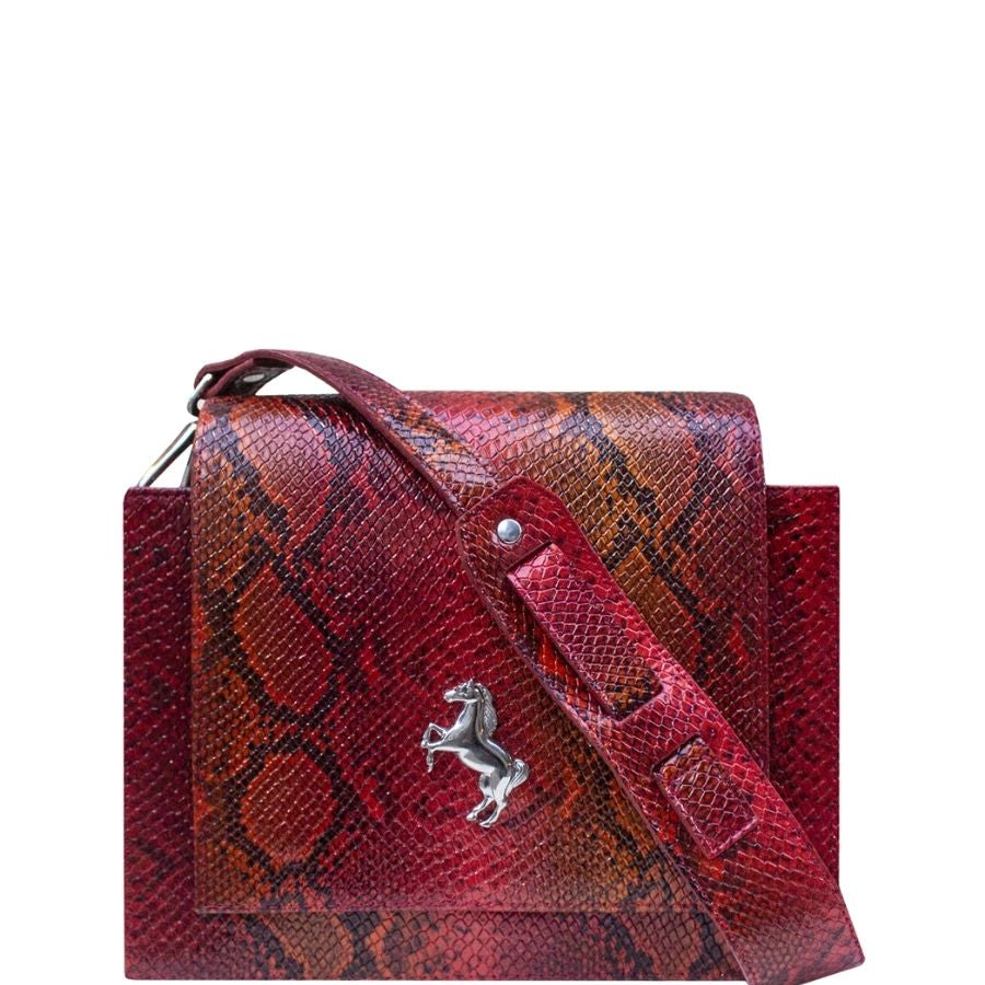 Front view of the Med Chevy Red bag in boa-embossed Argentine leather.